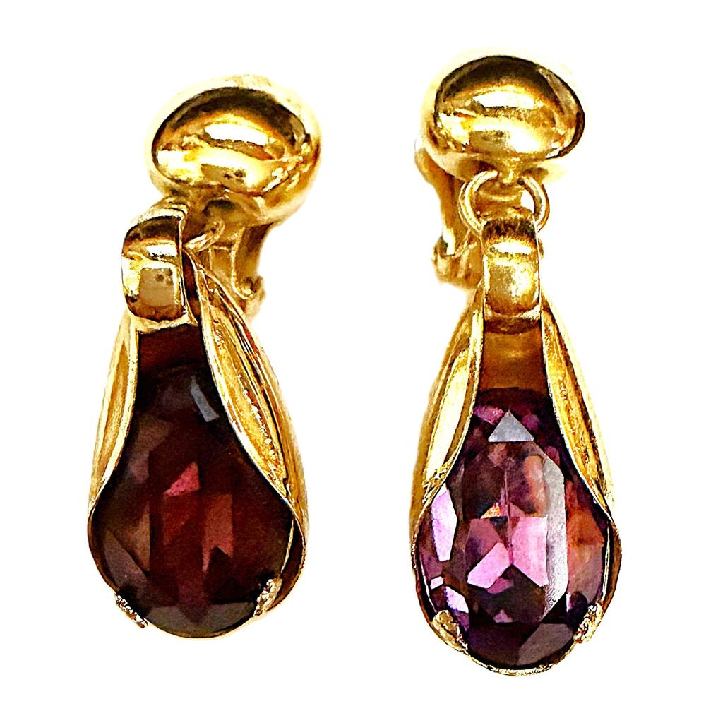 Vintage Napier Purple Glass Teardrop Stones Gold-Tone Clip-On Earrings Pat Pend